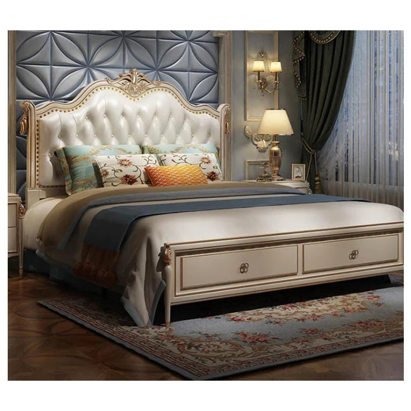 Modern European solid wood bed for two, featuring stylish carvings and leather accents