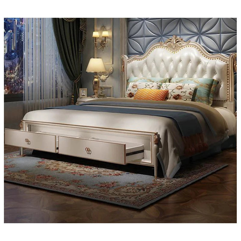 Modern European solid wood bed for two, featuring stylish carvings and leather accents