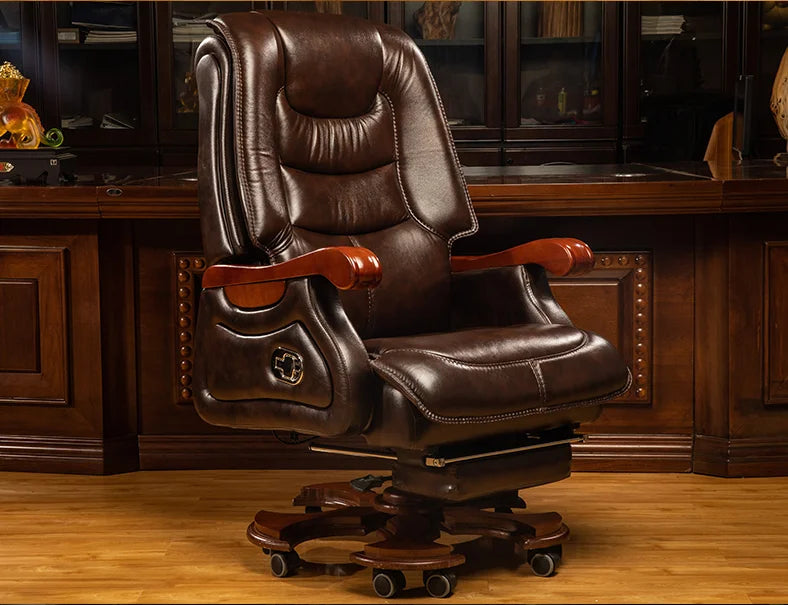 Leather boss chair business massage executive chair solid wood office chair reclining lift swivel chair home computer chair