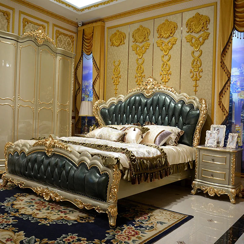 European Leather Palace Bed - Luxury Solid Wood Carved Double Bed for Master Bedroom