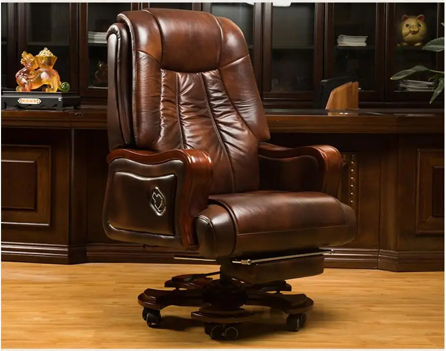 Leather boss chair can be reclining massage big chair business solid wood swivel chair computer chair family lift office chair