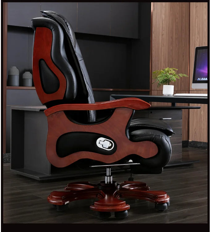 Leather boss chair home business office chair reclining lifting massage computer chair solid wood rotating chair big class chair