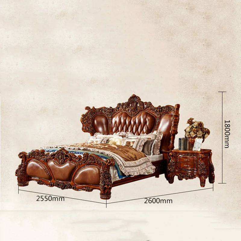 European-Style Luxury Villa Bed: 2 Meters Wide, Solid Wood Carved with First Layer Cowhide, Queen Size for Hotels.