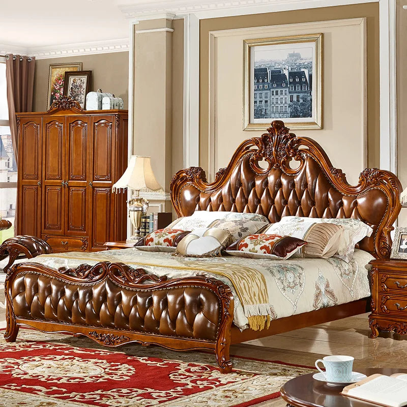 European-American Solid Wood Carved Double Bed: Luxury Oak Master Bedroom Furniture Set.