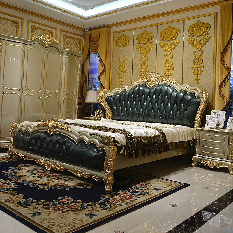 European Leather Palace Bed - Luxury Solid Wood Carved Double Bed for Master Bedroom