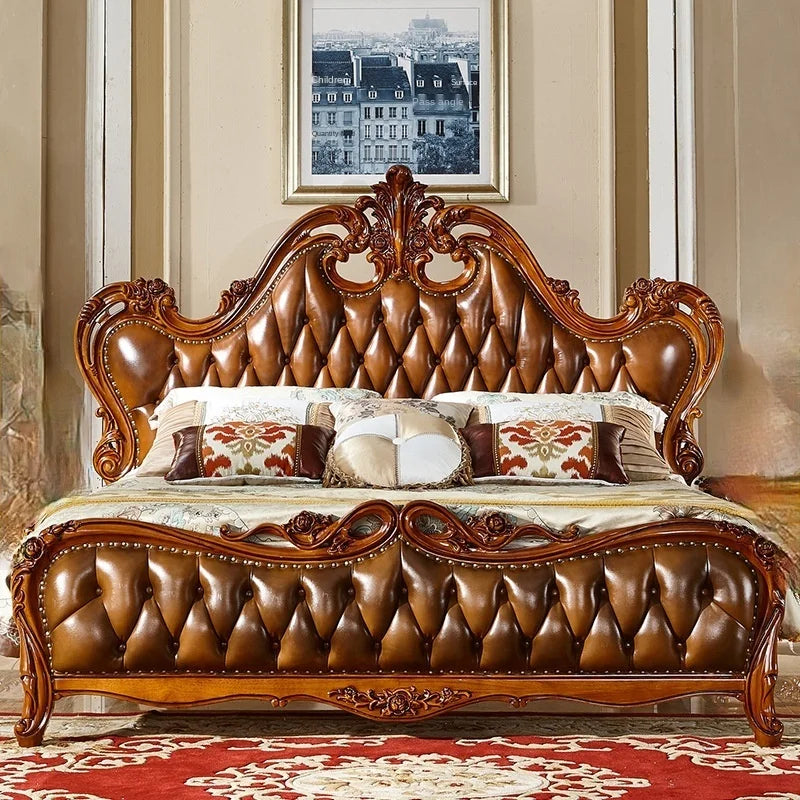 European-American Solid Wood Carved Double Bed: Luxury Oak Master Bedroom Furniture Set.