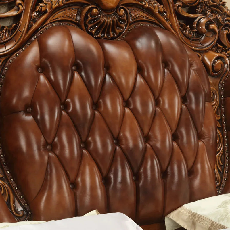 European-Style Leather Bed: All Solid Wood Carved, 2m Large Villa Bed with Top Layer Cowhide for Weddings.