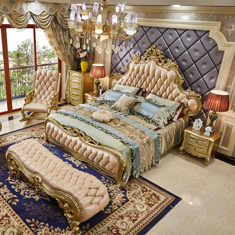 European-style double bed with leather upholstery, featuring luxurious wood carvings. Ideal for villas, weddings, and elegant bedrooms.