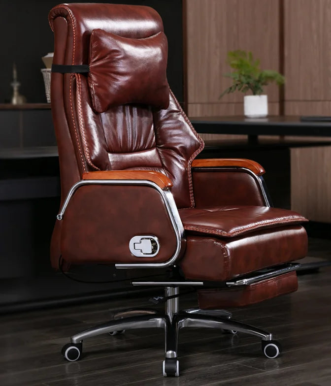 Leather computer chair household office chair office stool long sitting chair solid wood boss chair lying massage