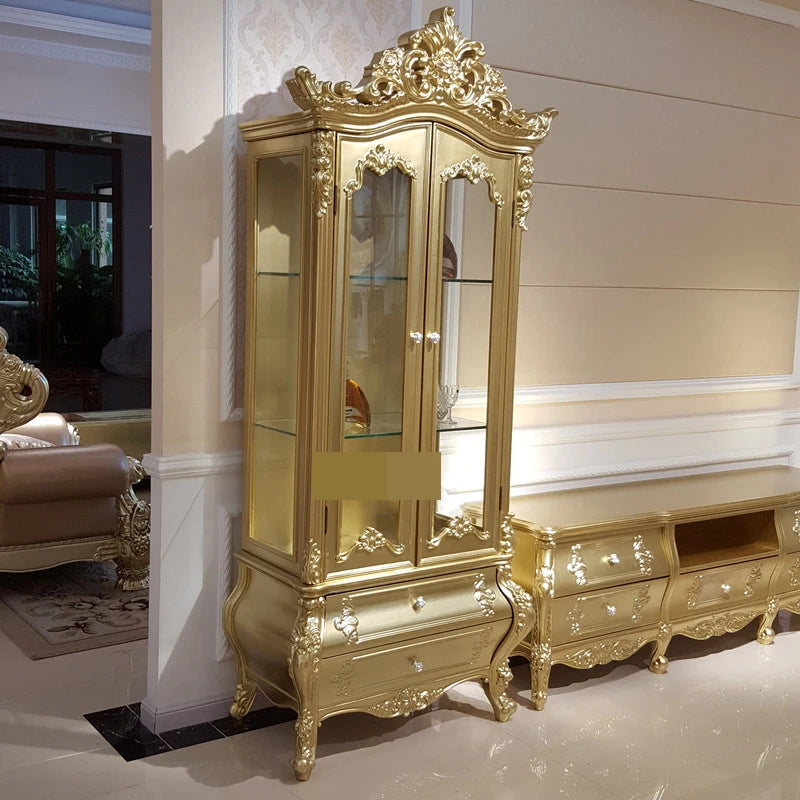High-grade Solid Wood Single Door Double Door Solid Wood European Style Wine Cabinet Golden Entrance Cabinet TV Cabinet