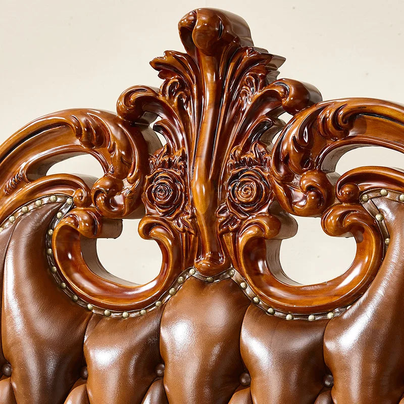 European-American Solid Wood Carved Double Bed: Luxury Oak Master Bedroom Furniture Set.