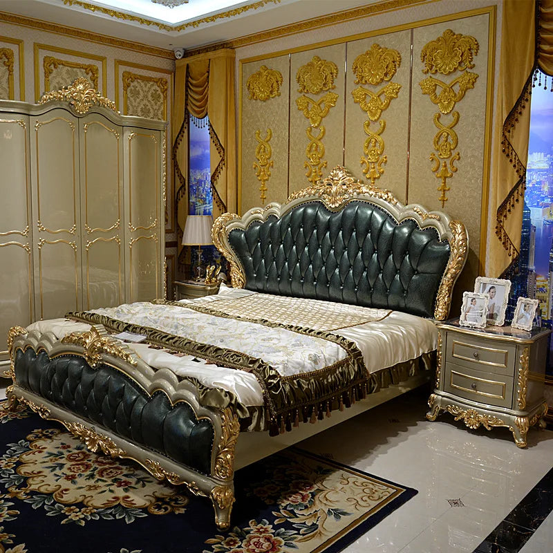 European Leather Palace Bed - Luxury Solid Wood Carved Double Bed for Master Bedroom