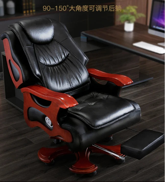 Leather boss chair home business office chair reclining lifting massage computer chair solid wood rotating chair big class chair