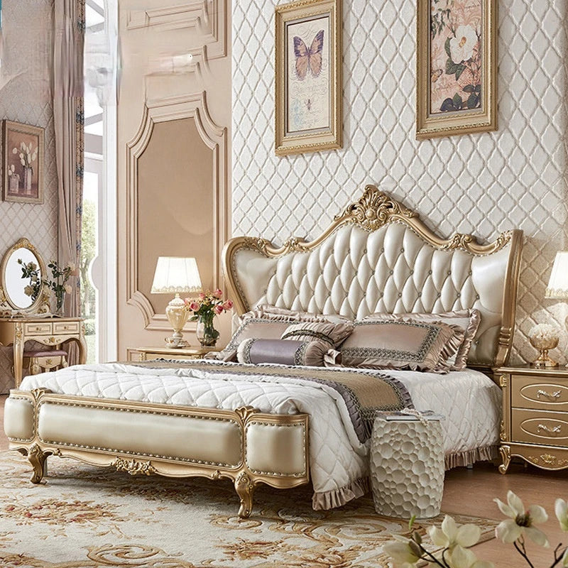 European-style luxury double bed with solid wood carvings and leather accents