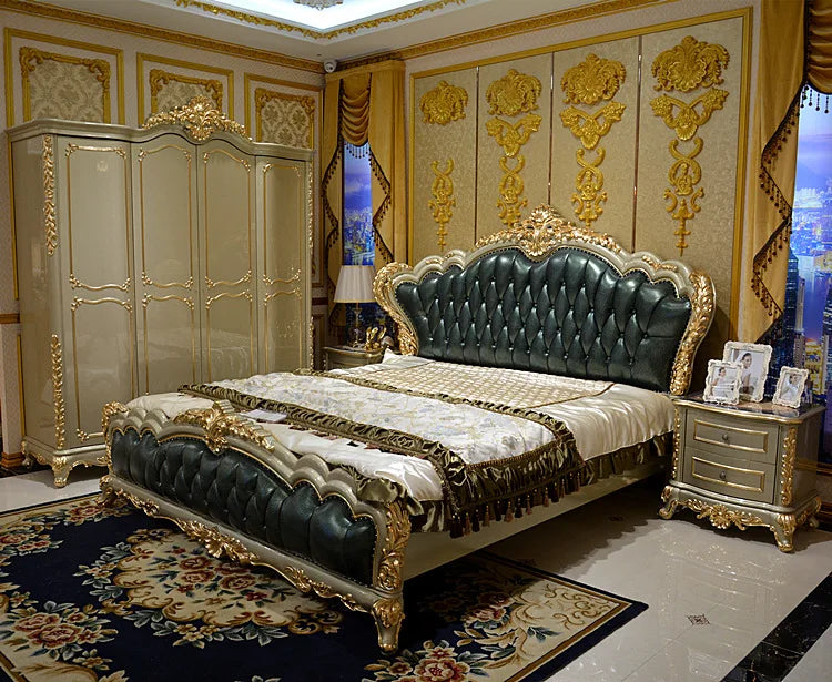 European Leather Palace Bed - Luxury Solid Wood Carved Double Bed for Master Bedroom