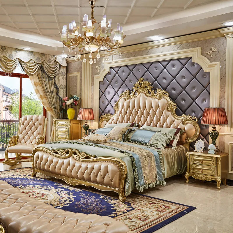 European-style double bed with leather upholstery, featuring luxurious wood carvings. Ideal for villas, weddings, and elegant bedrooms.
