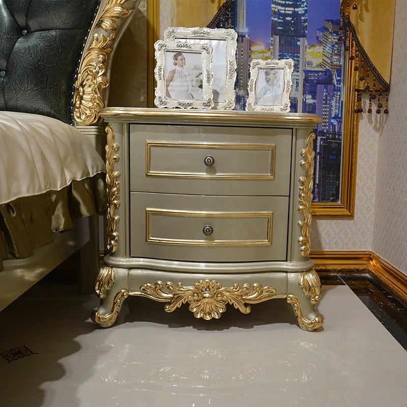 European Leather Palace Bed - Luxury Solid Wood Carved Double Bed for Master Bedroom