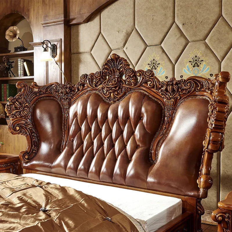 European-Style Luxury Villa Bed: 2 Meters Wide, Solid Wood Carved with First Layer Cowhide, Queen Size for Hotels.