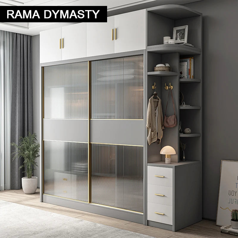 Wardrobe storage large capacity fashion wardrobe double hanging assembly cabinet reinforcement sliding wooden closet furniture
