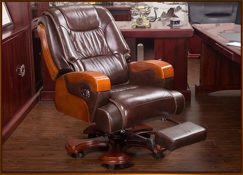Solid wood big shift chair genuine leather boss chair can lie massage office chair lift swivel chair home computer chair.