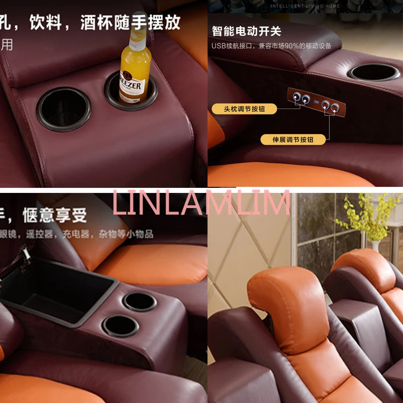 Linlam Double Power Reclining Chair Italian Leather Seat Electric Recliner Sofa Multifunctional Cinema Couch with Cup Holder,USB
