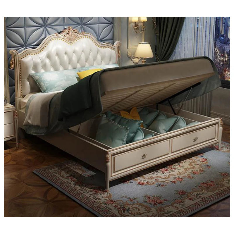 Modern European solid wood bed for two, featuring stylish carvings and leather accents