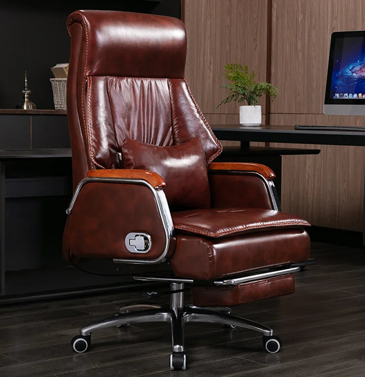 Leather computer chair household office chair office stool long sitting chair solid wood boss chair lying massage