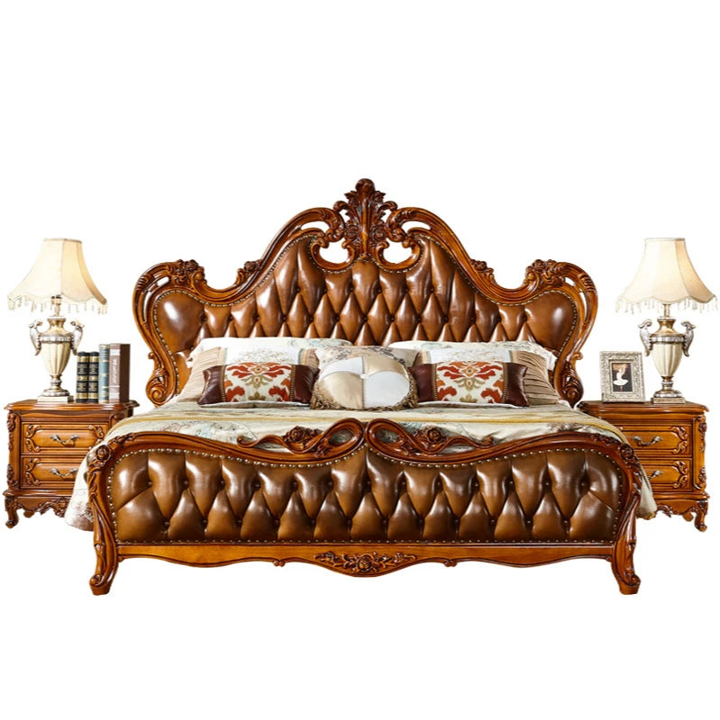 European-American Solid Wood Carved Double Bed: Luxury Oak Master Bedroom Furniture Set.