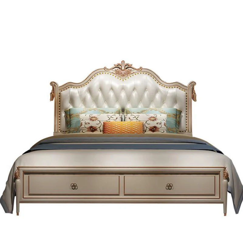 Modern European solid wood bed for two, featuring stylish carvings and leather accents