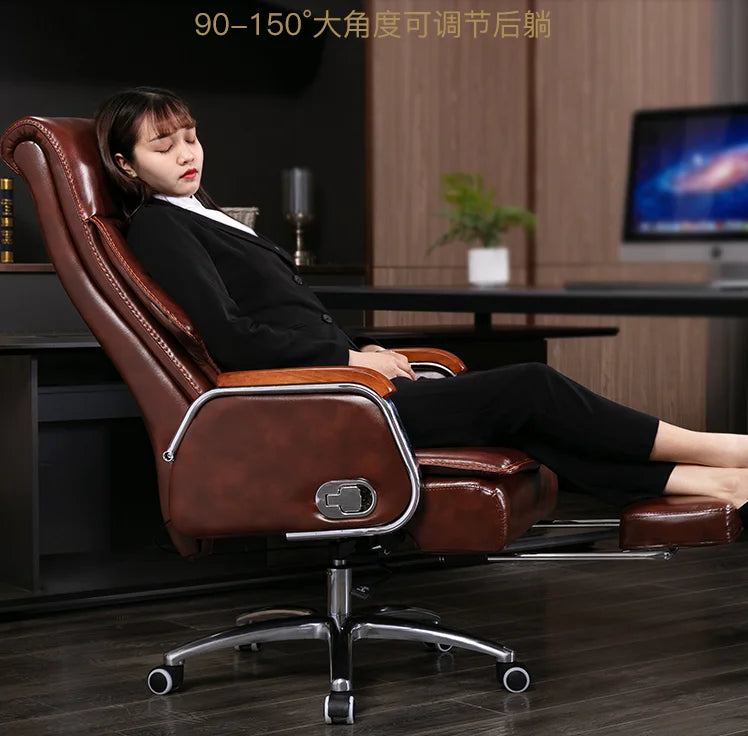 Leather computer chair household office chair office stool long sitting chair solid wood boss chair lying massage