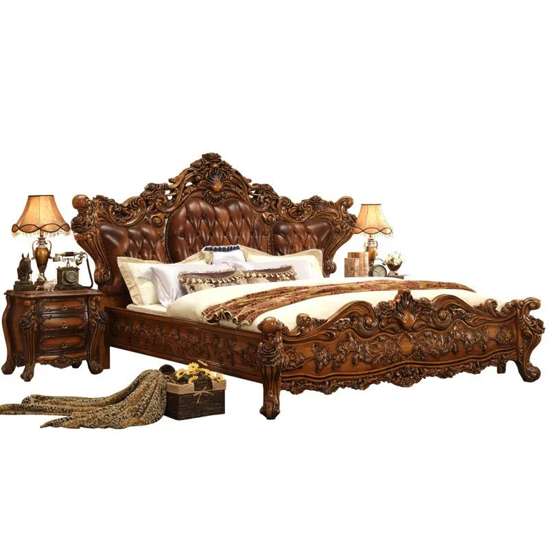 European-Style Leather Bed: All Solid Wood Carved, 2m Large Villa Bed with Top Layer Cowhide for Weddings.