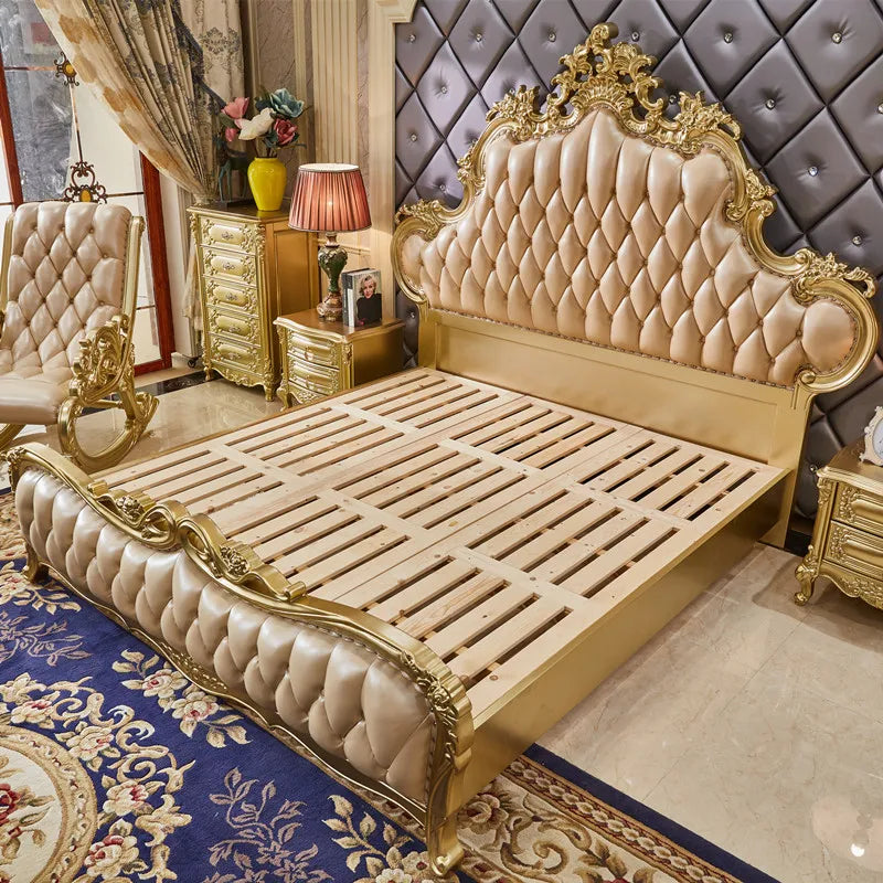 European-style double bed with leather upholstery, featuring luxurious wood carvings. Ideal for villas, weddings, and elegant bedrooms.