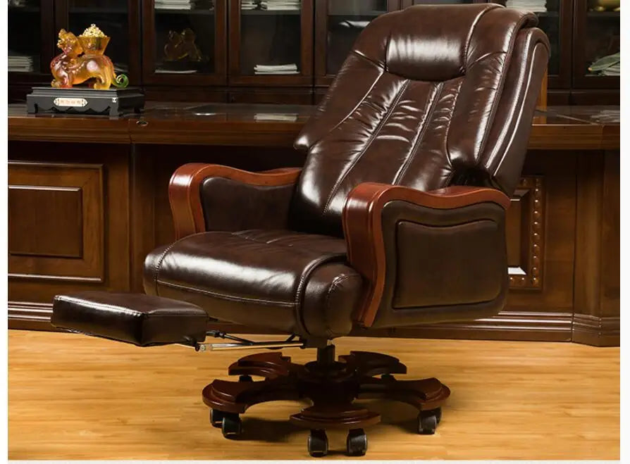 Leather boss chair can be reclining massage big chair business solid wood swivel chair computer chair family lift office chair