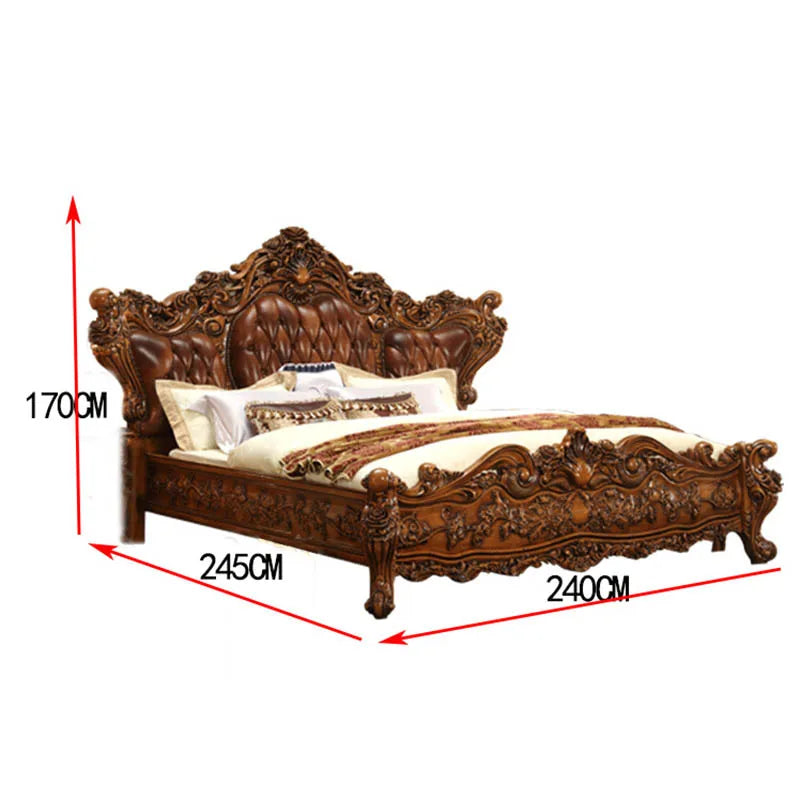 European-Style Leather Bed: All Solid Wood Carved, 2m Large Villa Bed with Top Layer Cowhide for Weddings.