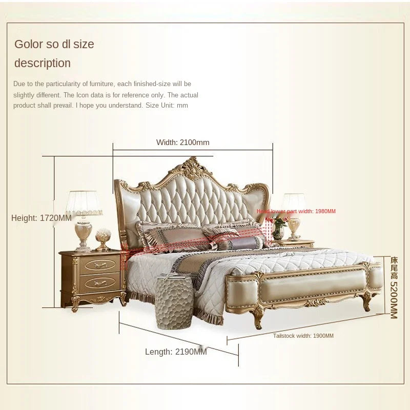 European-style luxury double bed with solid wood carvings and leather accents