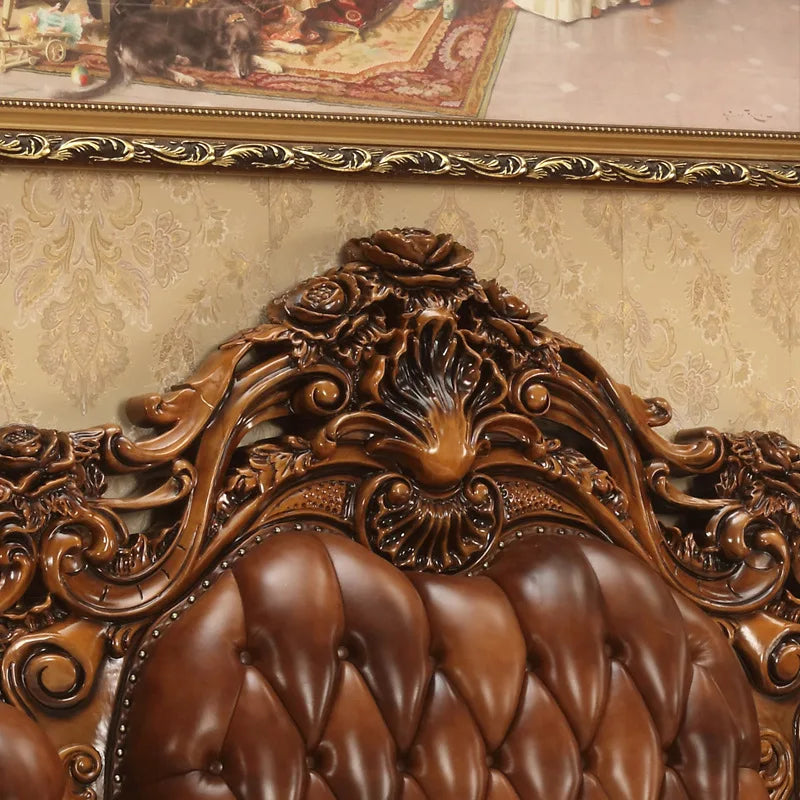 European-Style Leather Bed: All Solid Wood Carved, 2m Large Villa Bed with Top Layer Cowhide for Weddings.