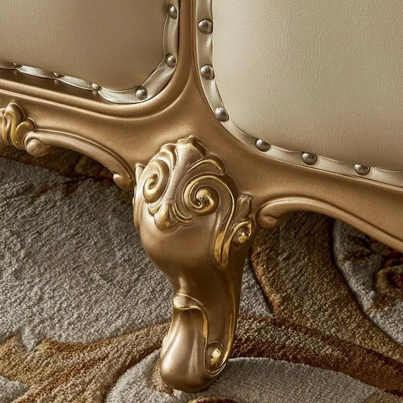 European-style luxury double bed with solid wood carvings and leather accents