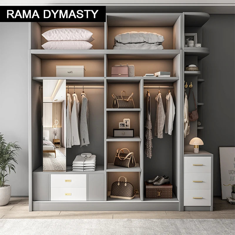 Wardrobe storage large capacity fashion wardrobe double hanging assembly cabinet reinforcement sliding wooden closet furniture