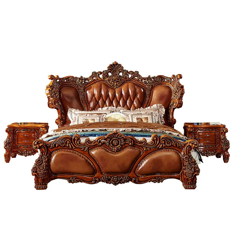 European-Style Luxury Villa Bed: 2 Meters Wide, Solid Wood Carved with First Layer Cowhide, Queen Size for Hotels.