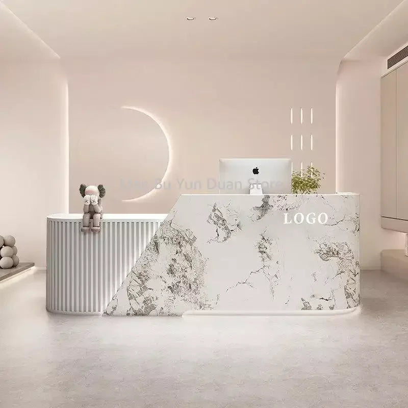 Modern Luxury Furniture—Small Reception Desk for Churches, Gold Floating Shelves