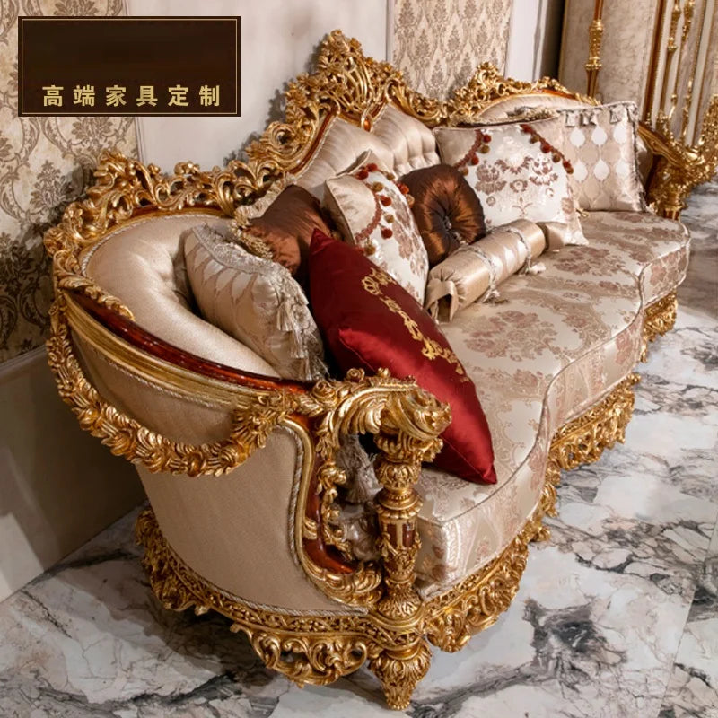 European Classic Fabric Sofa – French Luxury Solid Wood Carved Sofa for High-End Villas