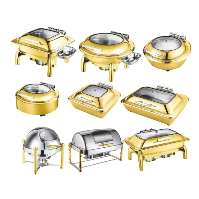 Commercial Chafing Dish – Rectangular Golden Buffet Food Warmer for Catering and Restaurant Equipment.