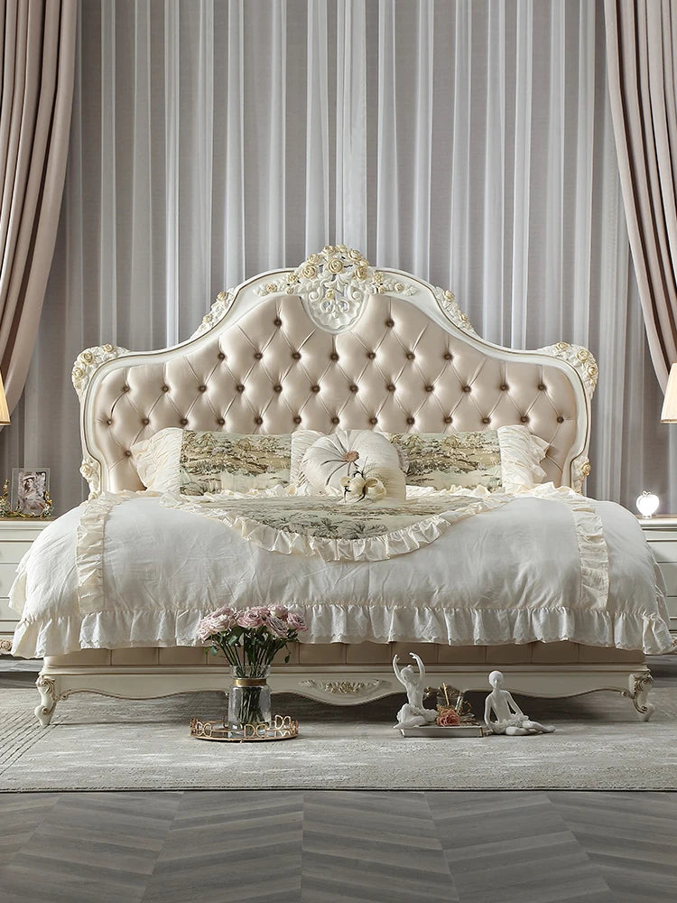 Versailles-style French fabric double bed, crafted from solid wood