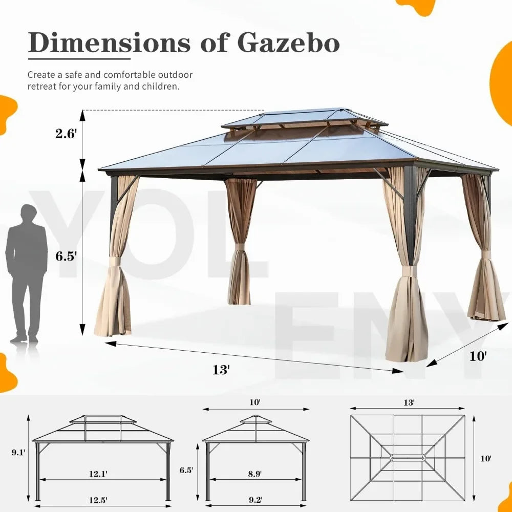 Outdoors Tents,10x12 Hardtop Gazebo,Aluminum Frame Permanent Pavilion with Curtains and Netting,Sunshade , Outdoors Gardens Tent