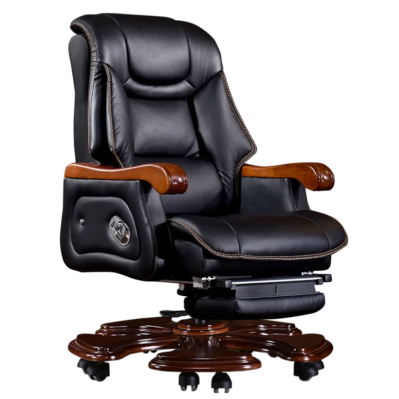 Swivel Office Chair Luxury Leather Solid Wood Legs Roller Stretch Executive Recliner Office Chair Boss Nordic Cadeiras Furniture