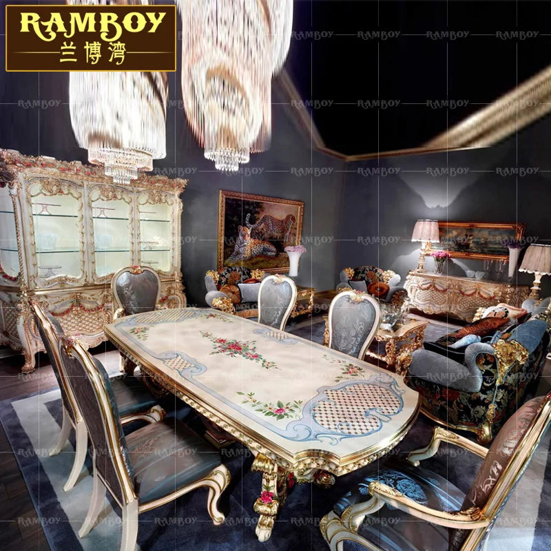 Villa Furniture—European Solid Wood Dining Table and Chair Combination,