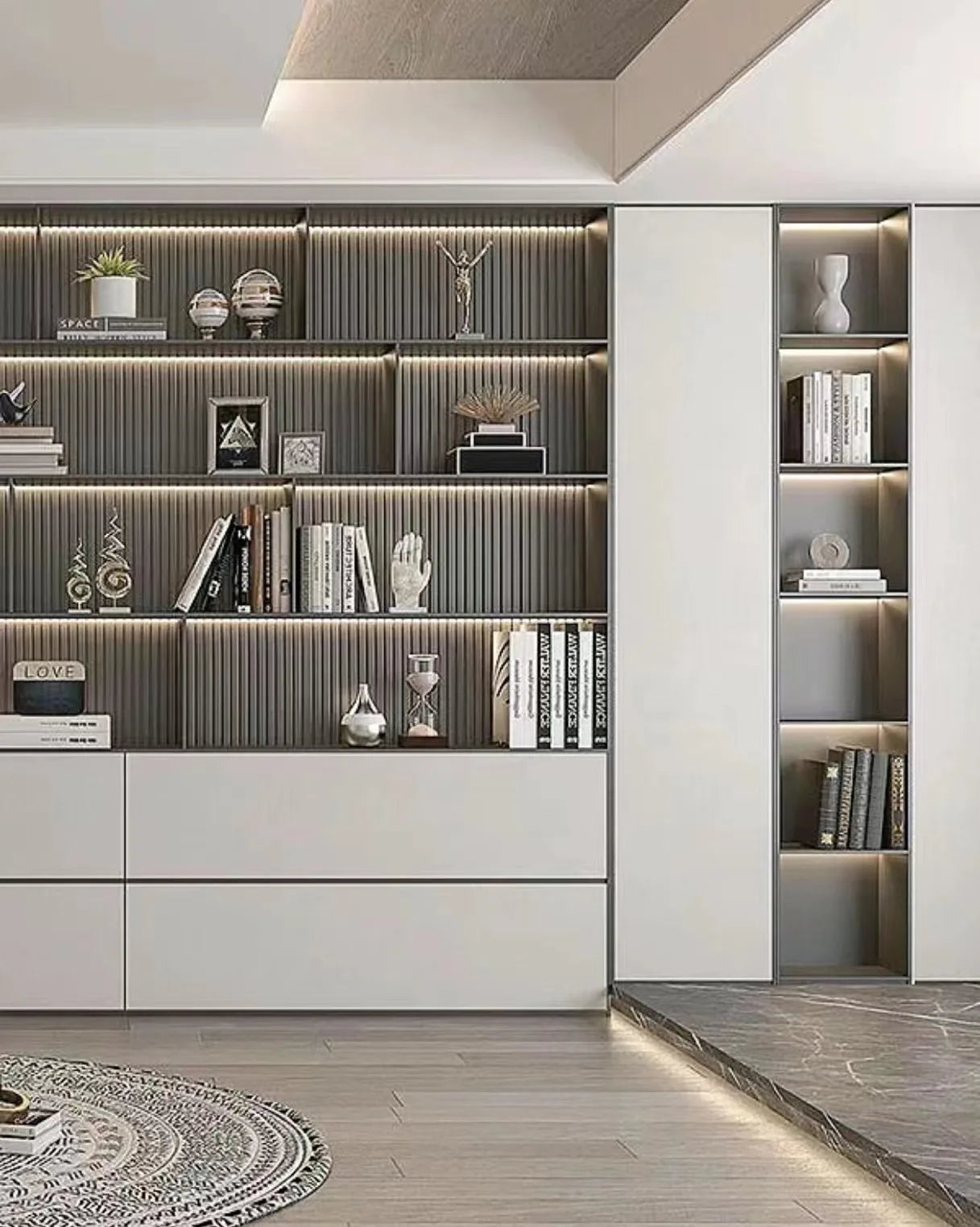 New customizable bookcase made from fireproof boards, luxury library furniture, featuring a wooden, wall-mounted design