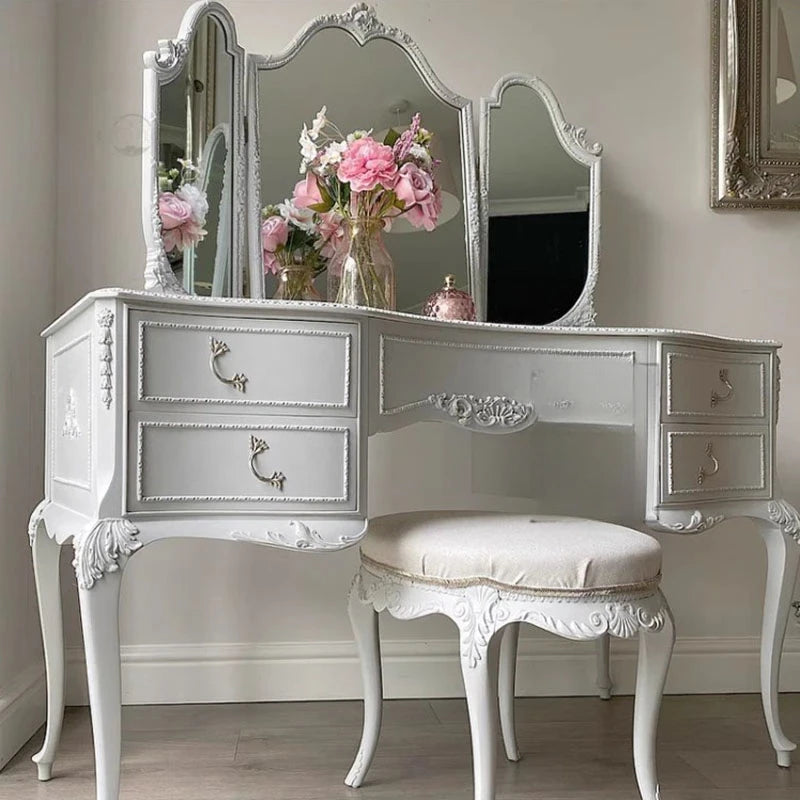 White Aesthetic Luxury Wood Makeup Table with Drawers
