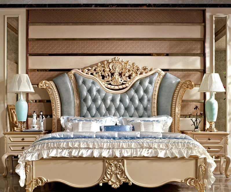 European Solid Wood Bed – 1.8m Carved Leather Wedding Bed