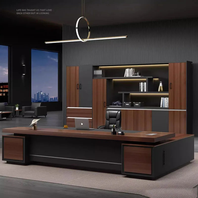 Executive office desk with work drawers, computer and monitor space, corner design, and storage